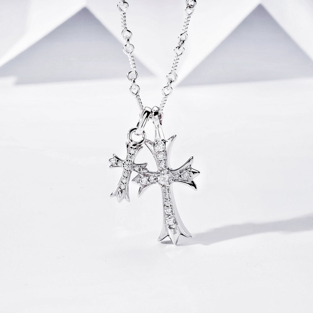 Cubic Zirconia Cross Necklace High Carbon Diamond Sterling Silver Double Cross Necklace 