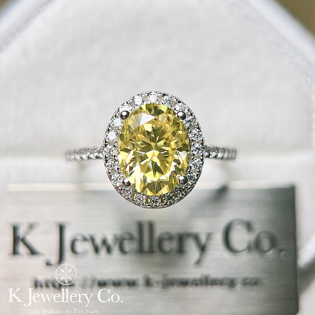 Moissanite Yellow Oval Halo Ring 訂制版黃色莫桑石鵝蛋形圍鑲戒指