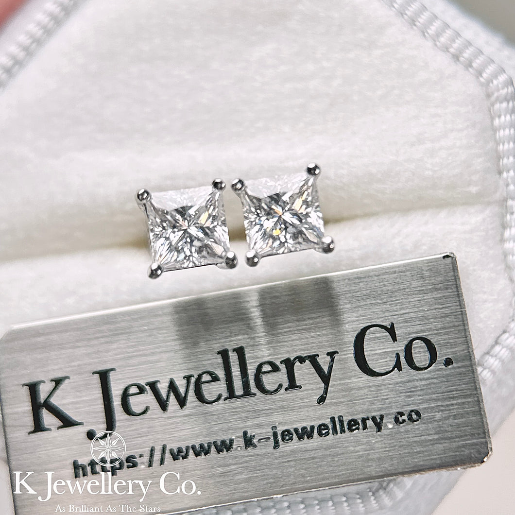 Moissanite Princess Cut Ear Studs 莫桑石公主方石清鑲耳釘