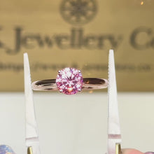 Load the video into the gallery viewer and play, 18K Gold Pink Moissanite Four Prong Ring Pink Moissanite 18K Gold Four Prong Ring 
