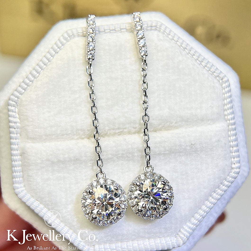 Moissanite Halo Ear Drop Earrings 莫桑石圓型微鑲長耳環